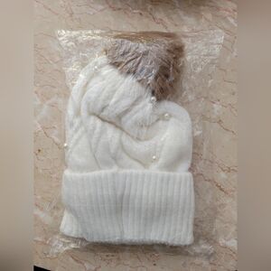 White Winter Hat with Pearls